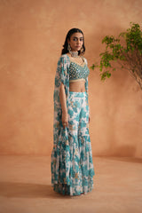 Teal Blue Mirror Blouse, Printed Garara And Cape