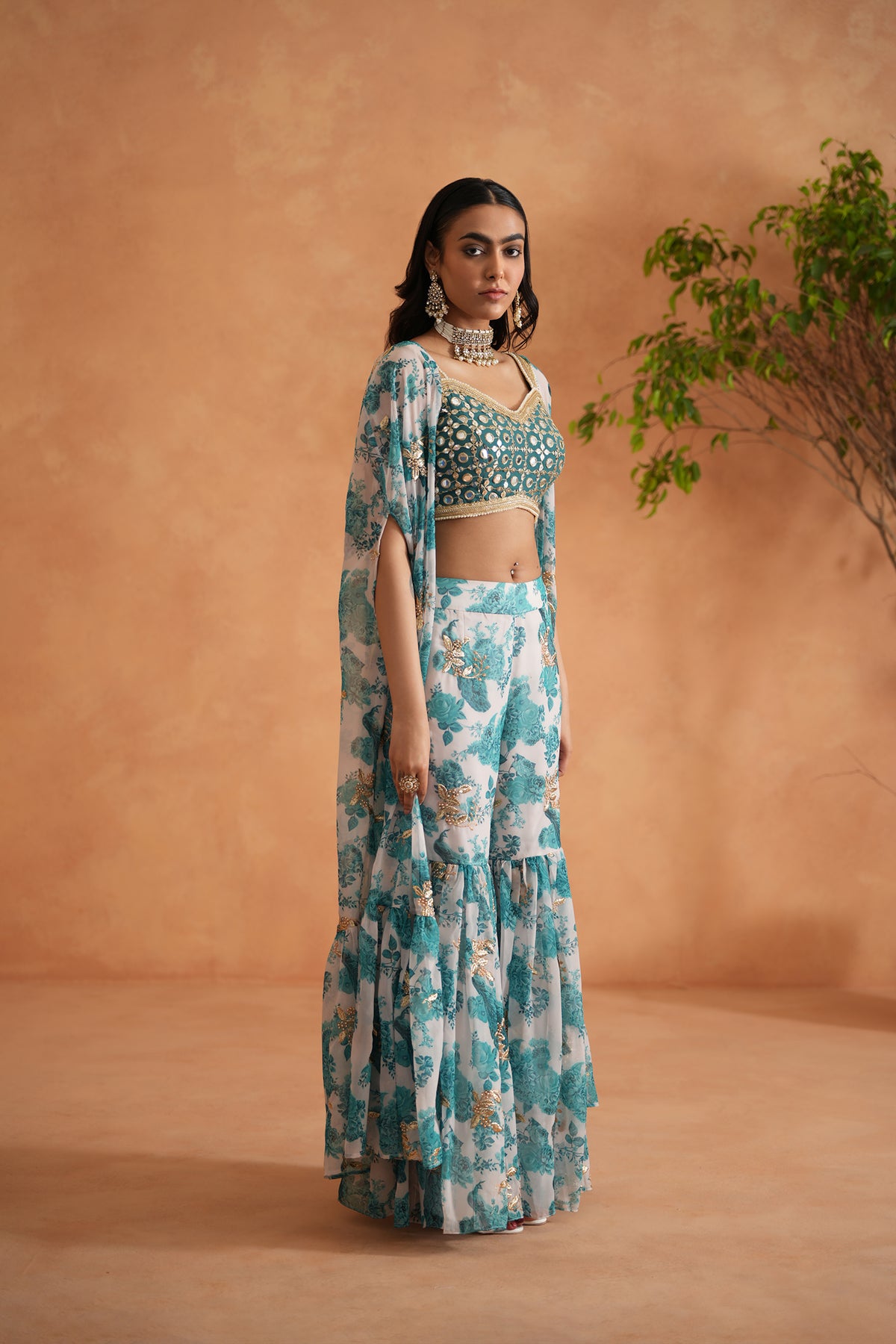 Teal Blue Mirror Blouse, Printed Garara And Cape