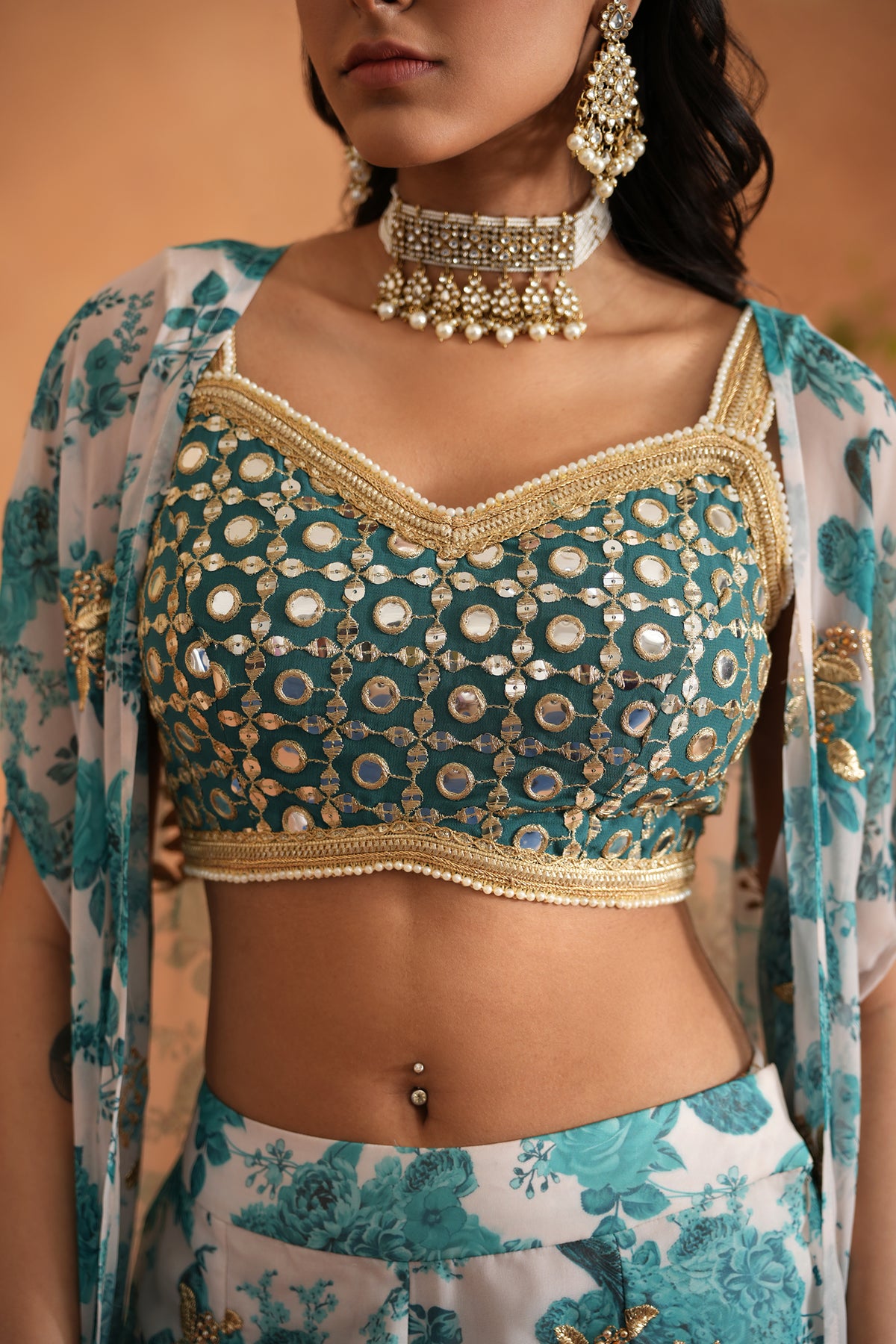 Teal Blue Mirror Blouse, Printed Garara And Cape