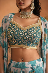 Teal Blue Mirror Blouse, Printed Garara And Cape