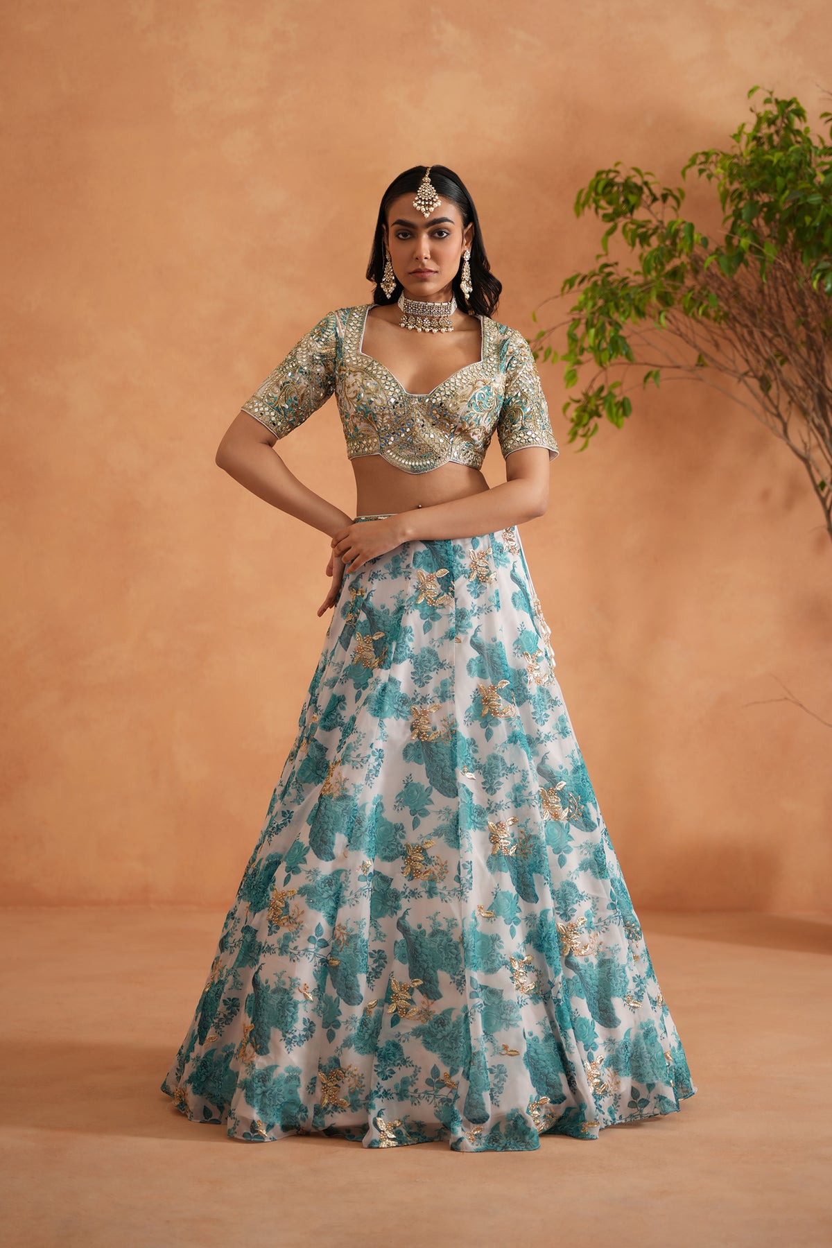 Teal Blue Mirror Embroidery Blouse, Printed Lehanga And Dupatta