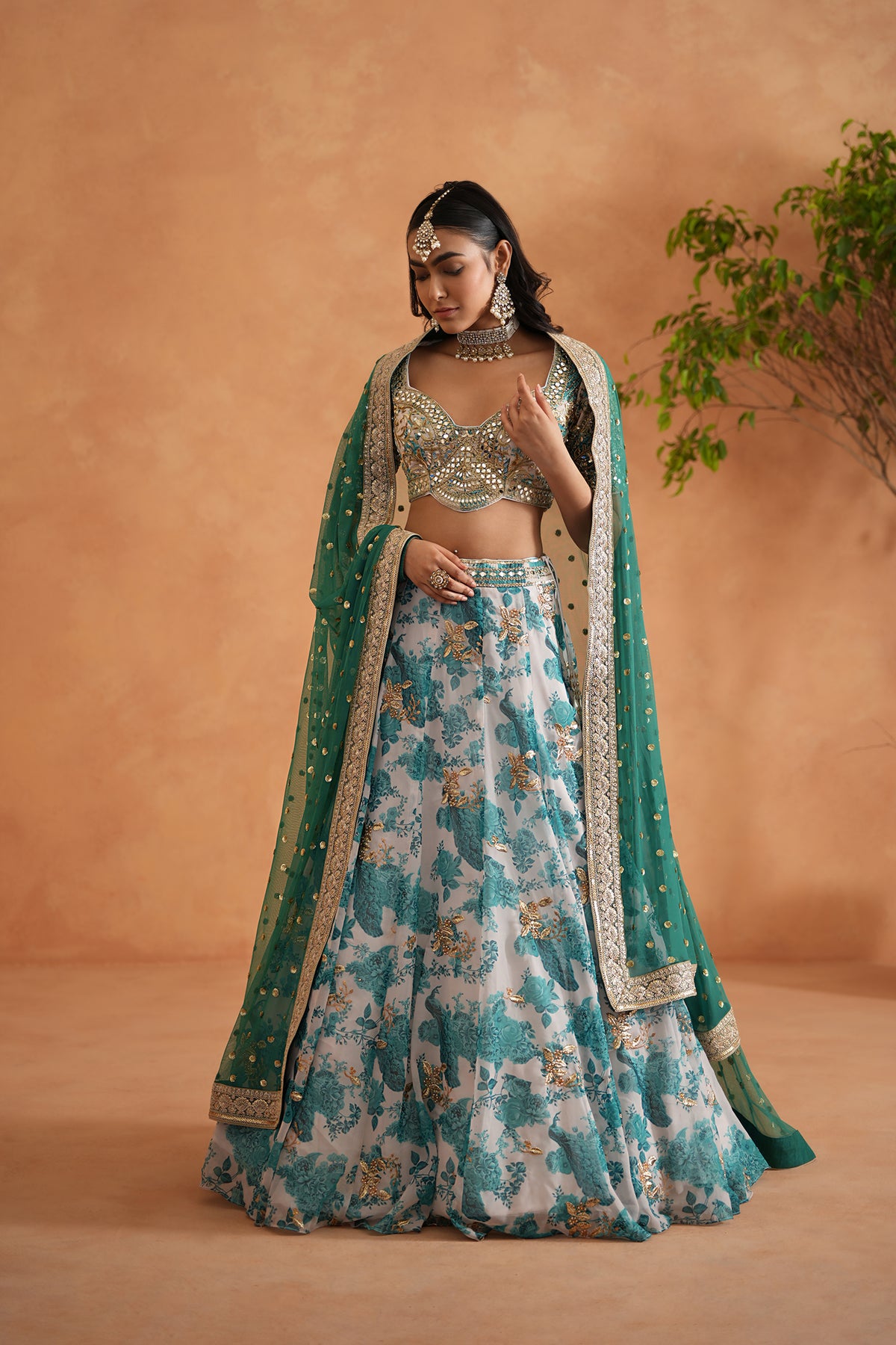 Teal Blue Mirror Embroidery Blouse, Printed Lehanga And Dupatta