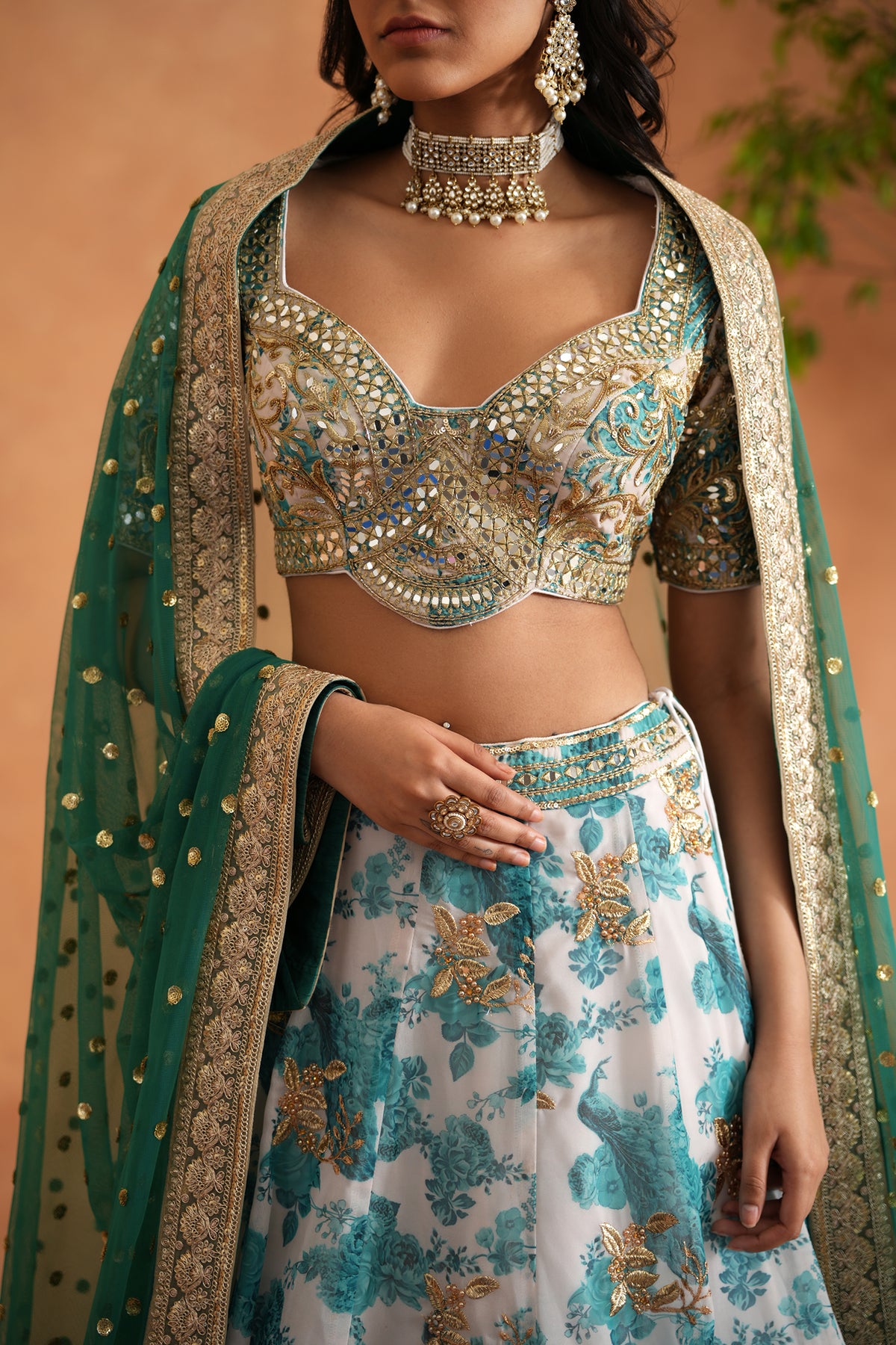 Teal Blue Mirror Embroidery Blouse, Printed Lehanga And Dupatta