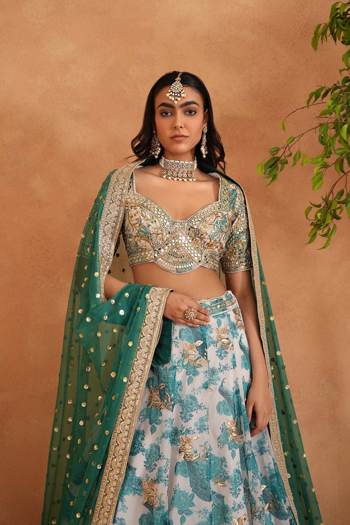 Teal Blue Mirror Embroidery Blouse, Printed Lehanga And Dupatta
