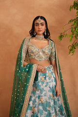 Teal Blue Mirror Embroidery Blouse, Printed Lehanga And Dupatta