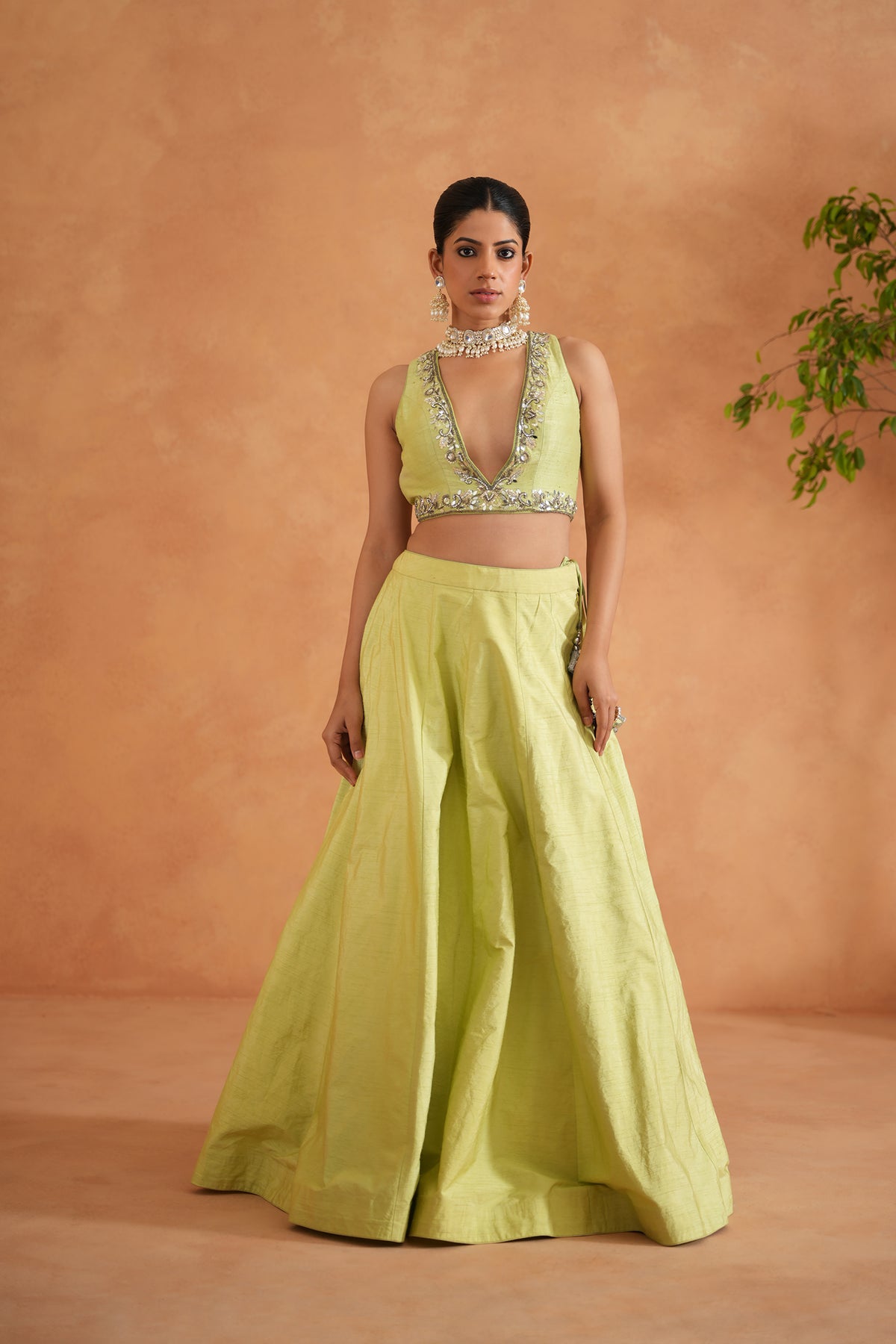 Lime Yellow Embroidered Blouse, Lehenga And Dupatta
