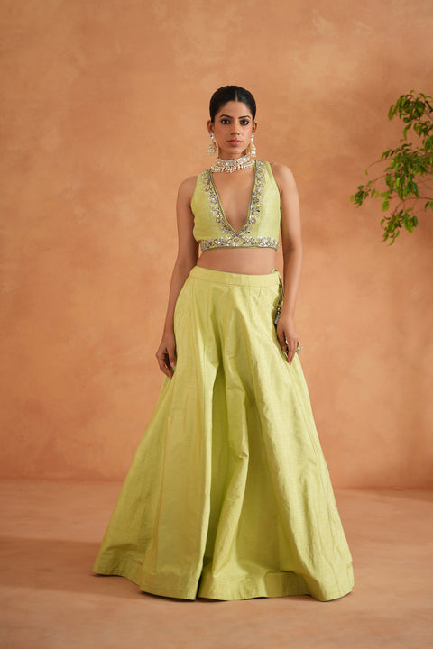 Lime Yellow Embroidered Blouse, Lehenga And Dupatta