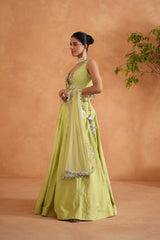 Lime Yellow Embroidered Blouse, Lehenga And Dupatta