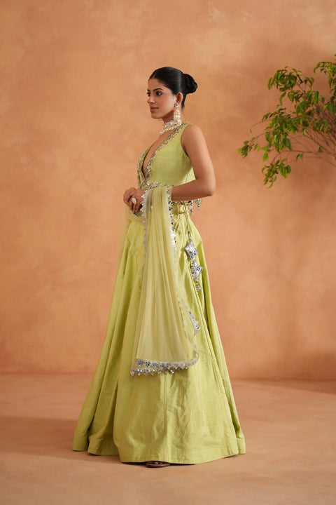 Lime Yellow Embroidered Blouse, Lehenga And Dupatta