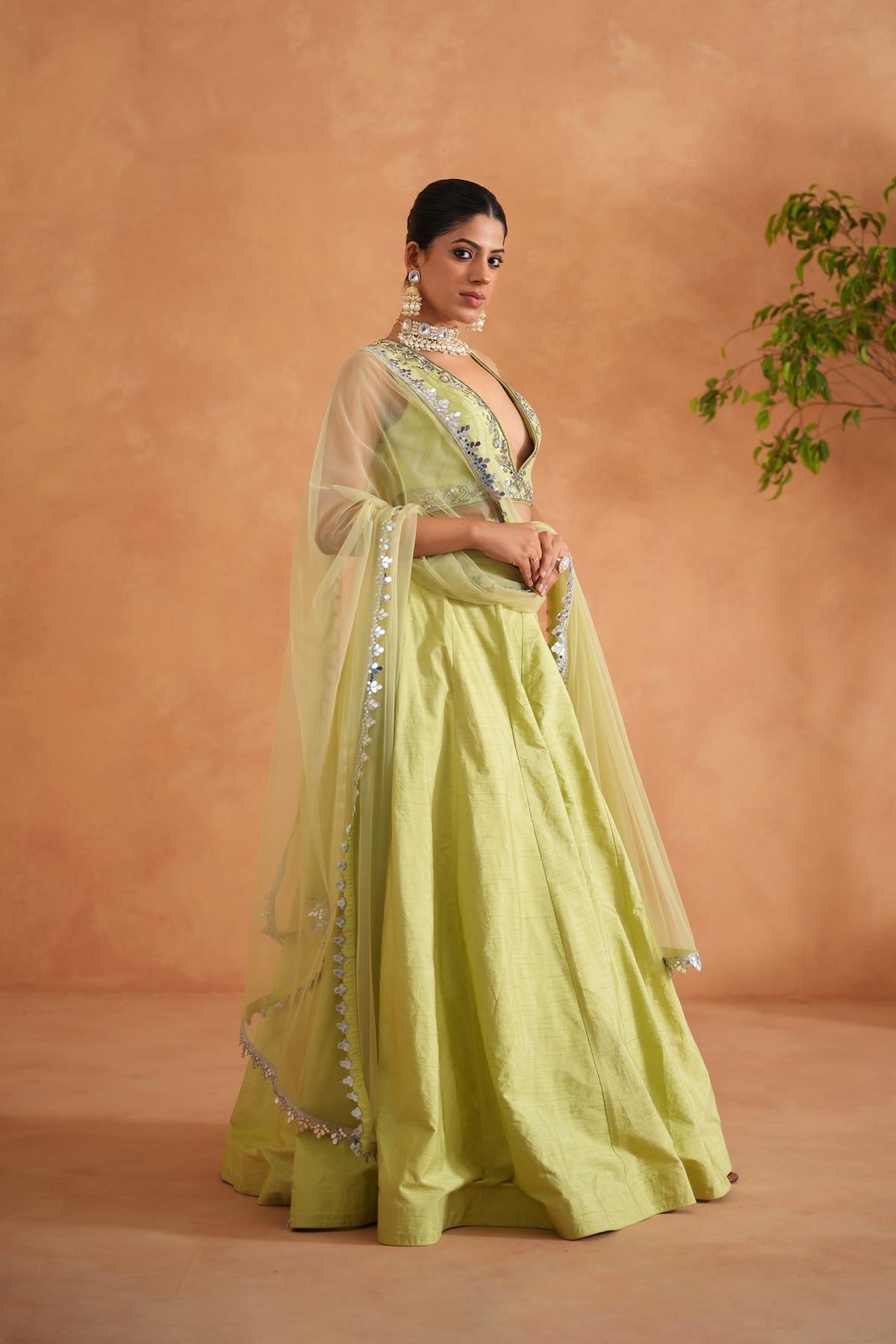Lime Yellow Embroidered Blouse, Lehenga And Dupatta