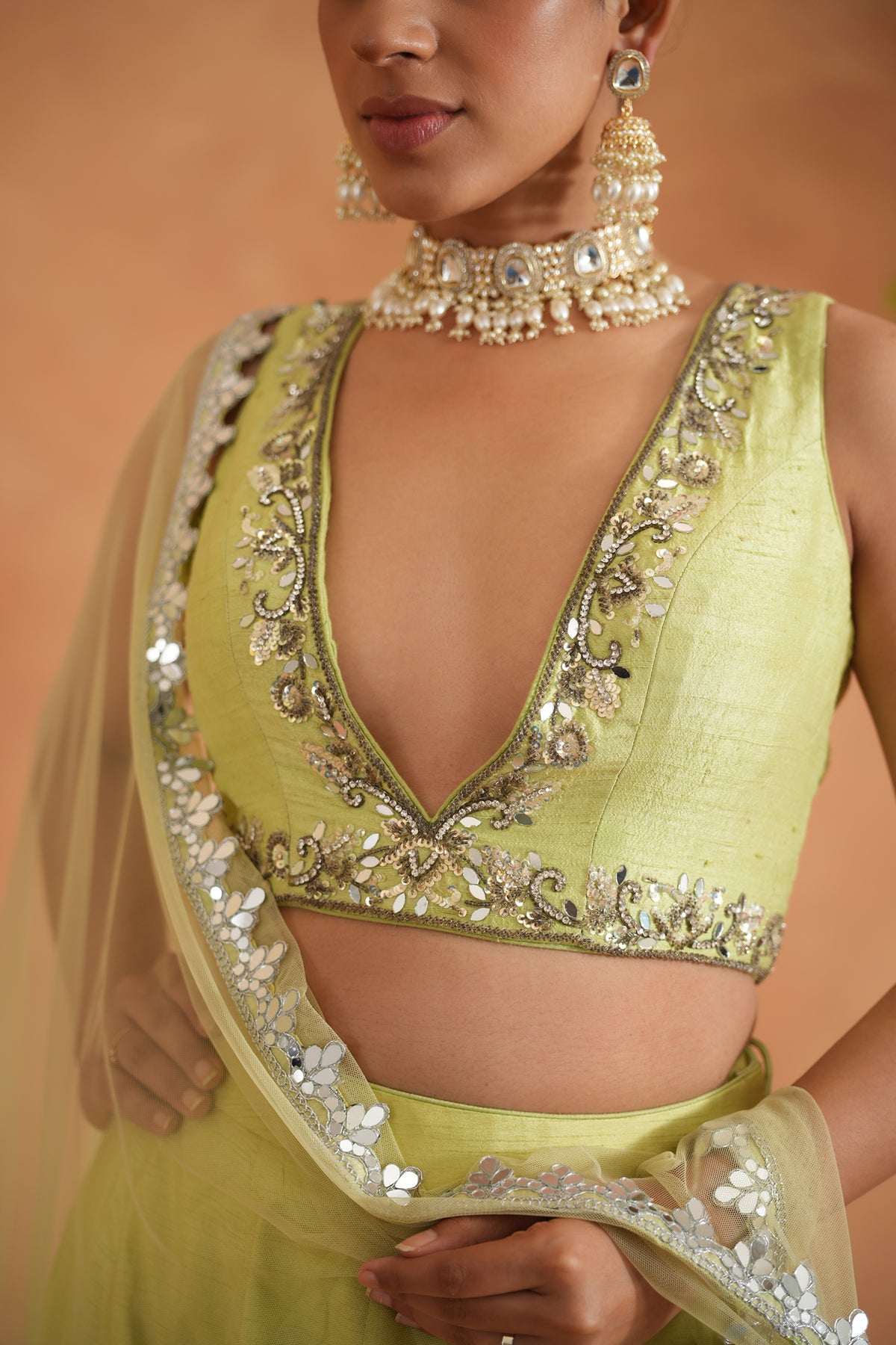 Lime Yellow Embroidered Blouse, Lehenga And Dupatta