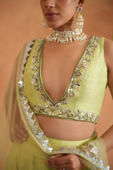 Lime Yellow Embroidered Blouse, Lehenga And Dupatta