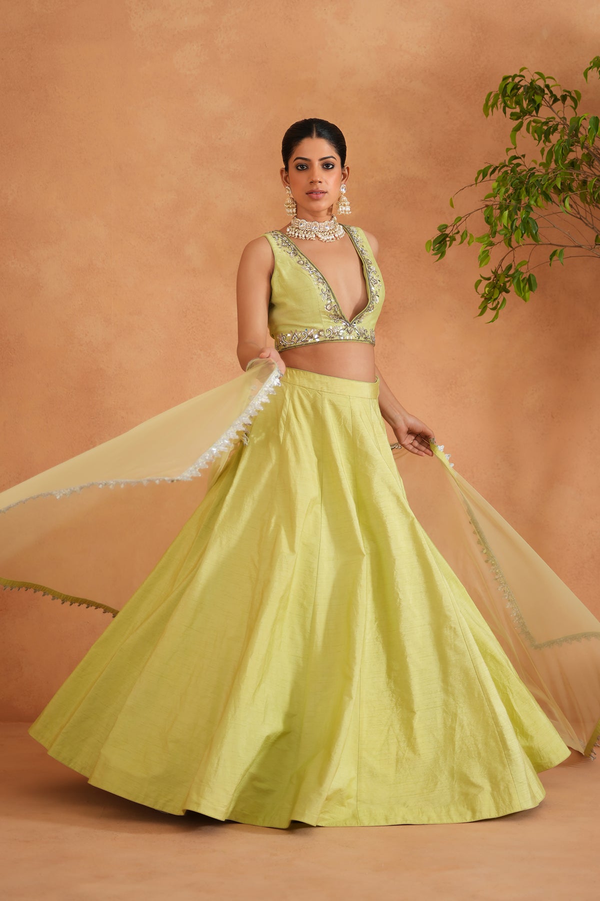 Lime Yellow Embroidered Blouse, Lehenga And Dupatta