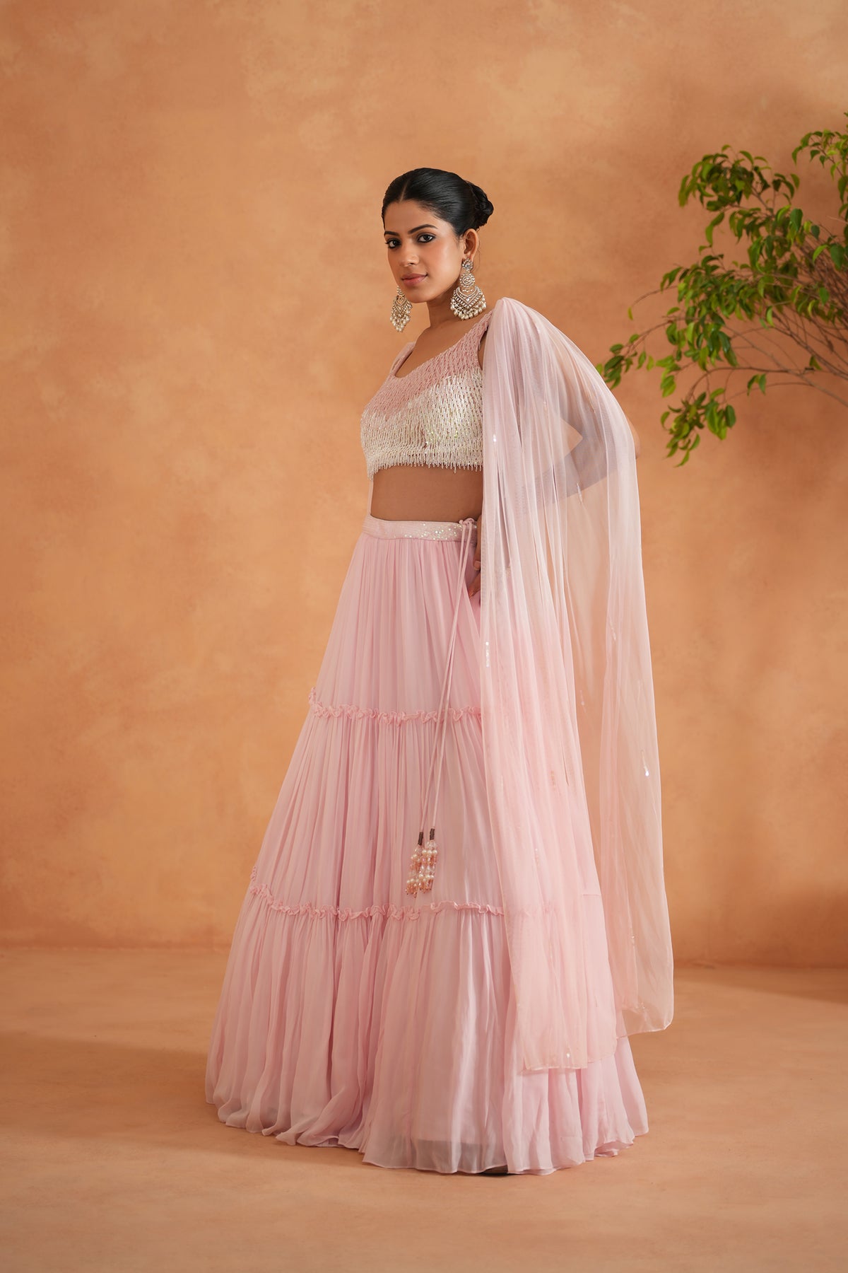 White And Pink Embroidered Blouse, Lehnaga And Dupatta