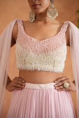 White And Pink Embroidered Blouse, Lehnaga And Dupatta