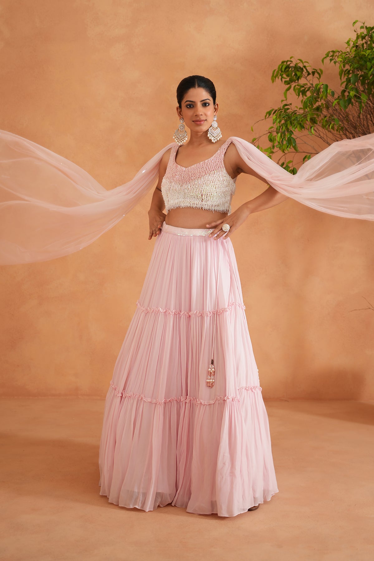 White And Pink Embroidered Blouse, Lehnaga And Dupatta
