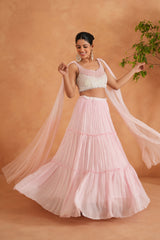White And Pink Embroidered Blouse, Lehnaga And Dupatta