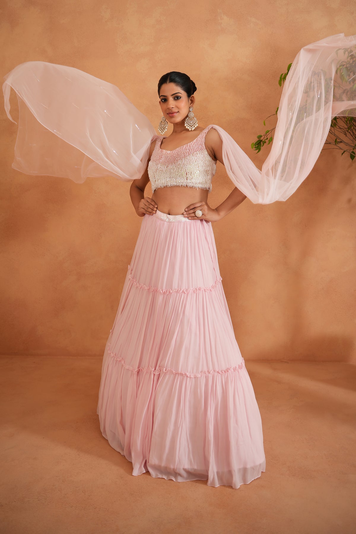 White And Pink Embroidered Blouse, Lehnaga And Dupatta