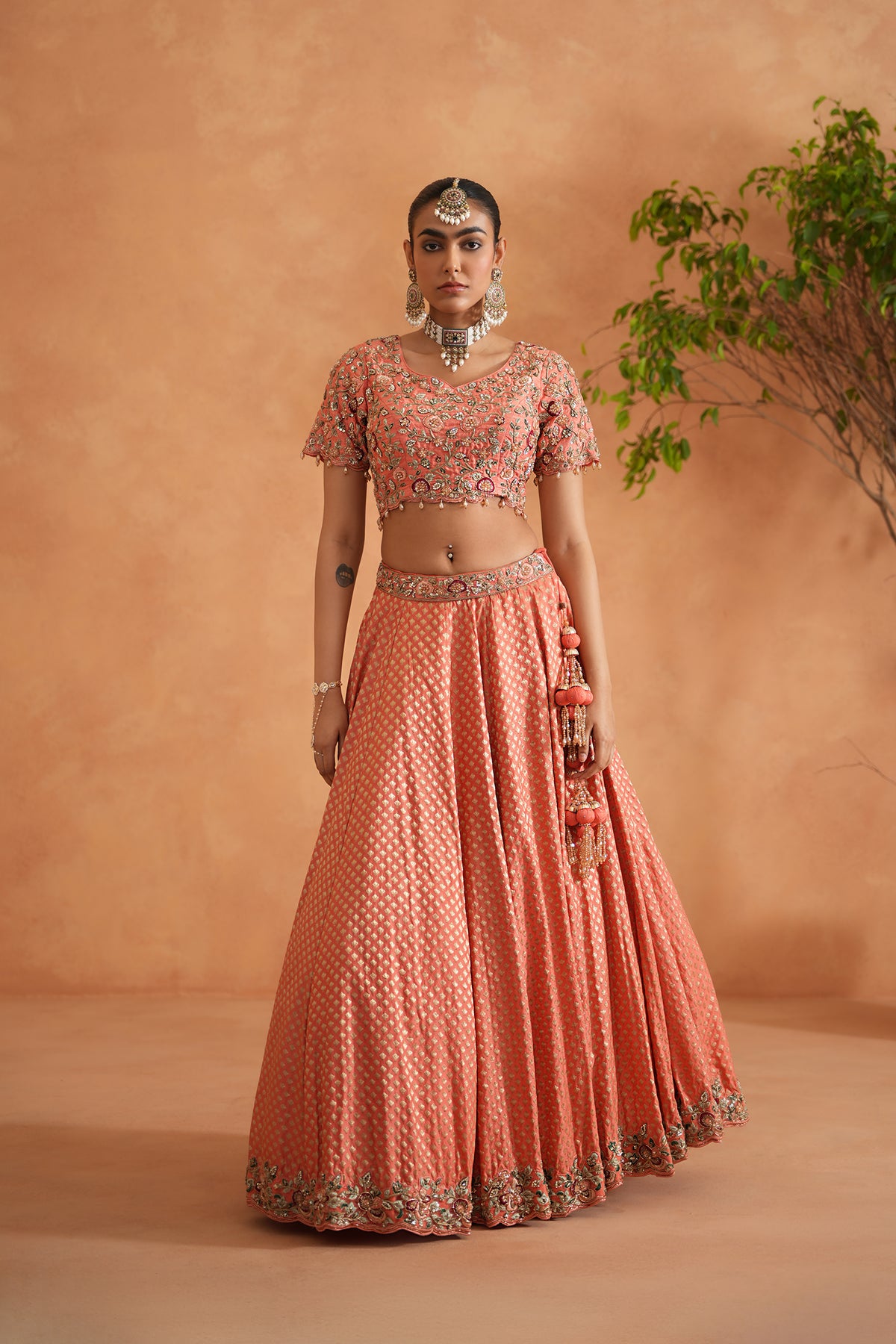 Coral Embroidery Blouse, Brocade Lehnaga And Dupatta