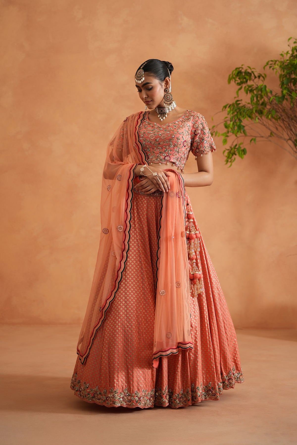 Coral Embroidery Blouse, Brocade Lehnaga And Dupatta