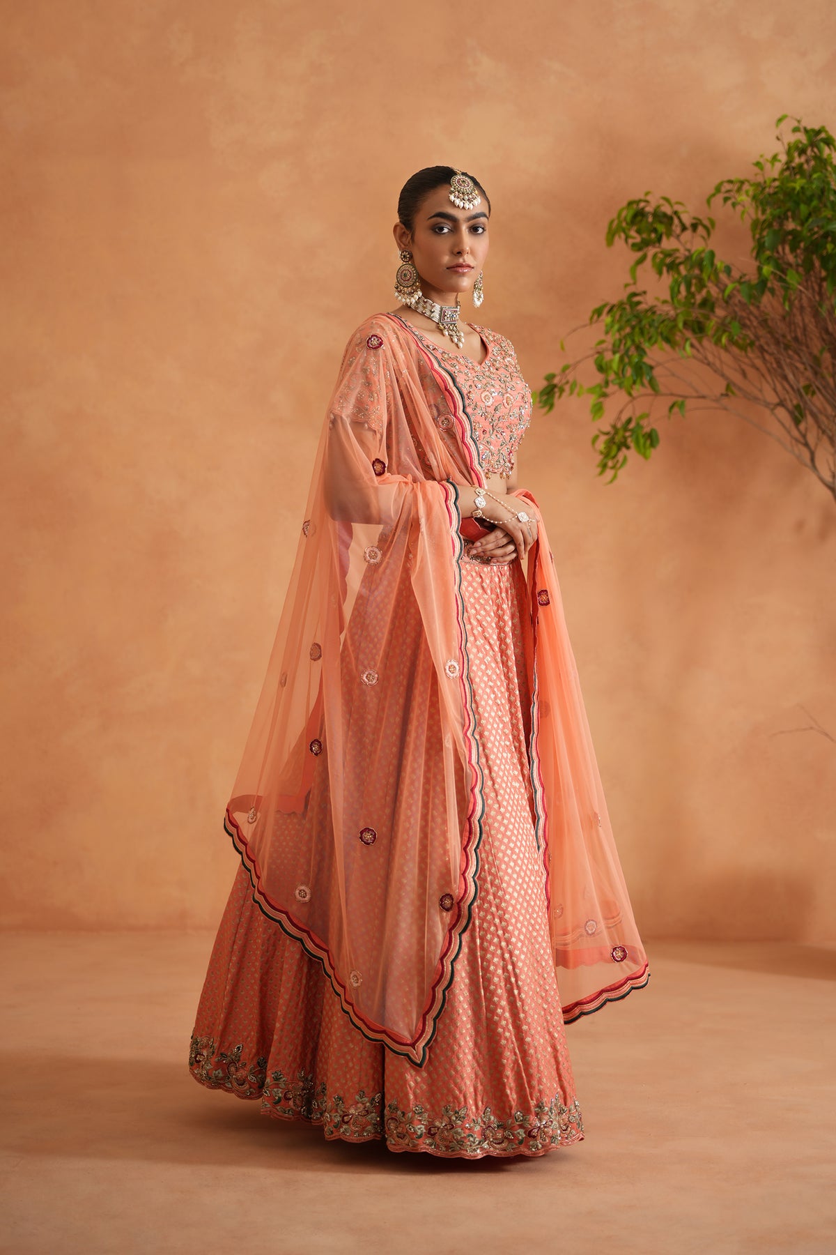 Coral Embroidery Blouse, Brocade Lehnaga And Dupatta