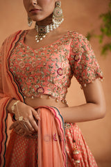 Coral Embroidery Blouse, Brocade Lehnaga And Dupatta