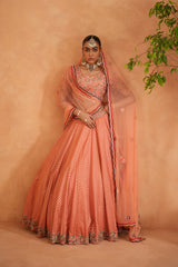 Coral Embroidery Blouse, Brocade Lehnaga And Dupatta