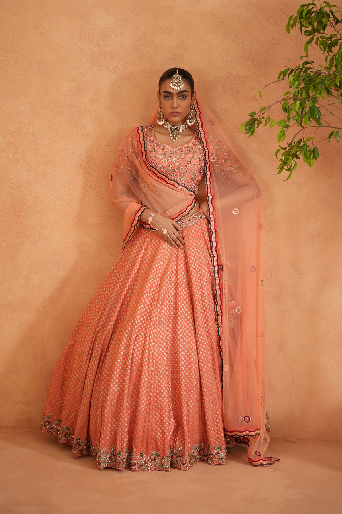 Coral Embroidery Blouse, Brocade Lehnaga And Dupatta