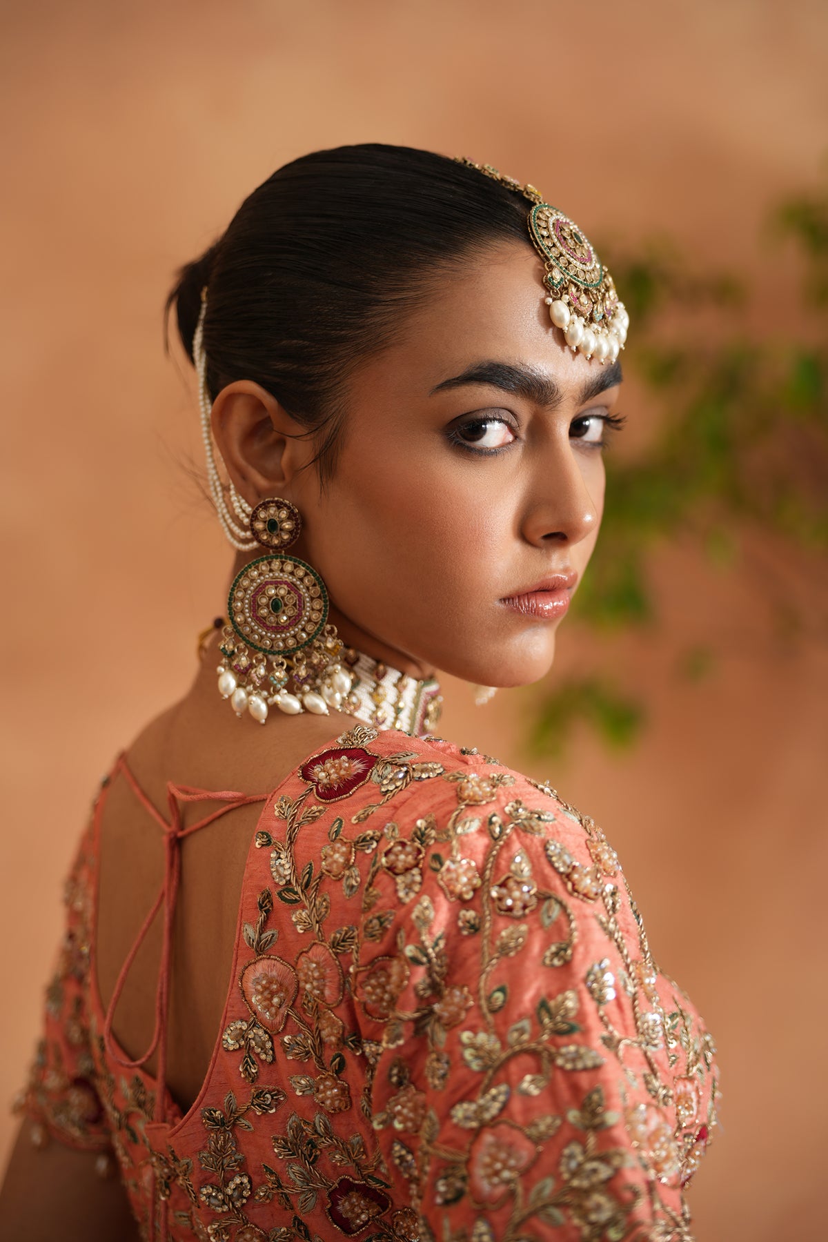 Coral Embroidery Blouse, Brocade Lehnaga And Dupatta