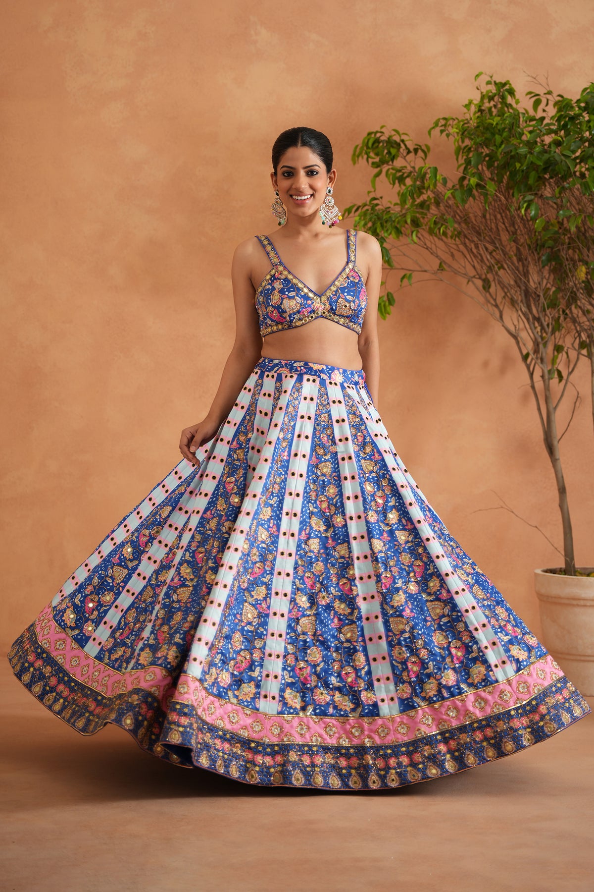 Blue Printed And Embroidered Blouse, Lehenga And Dupatta