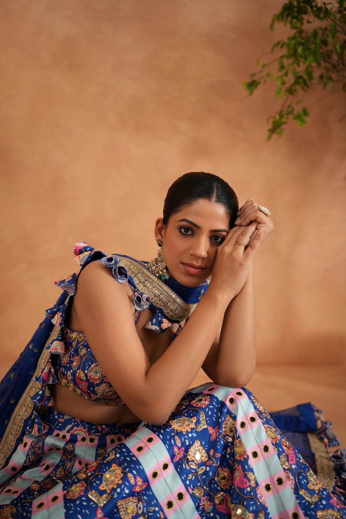 Blue Printed And Embroidered Blouse, Lehenga And Dupatta