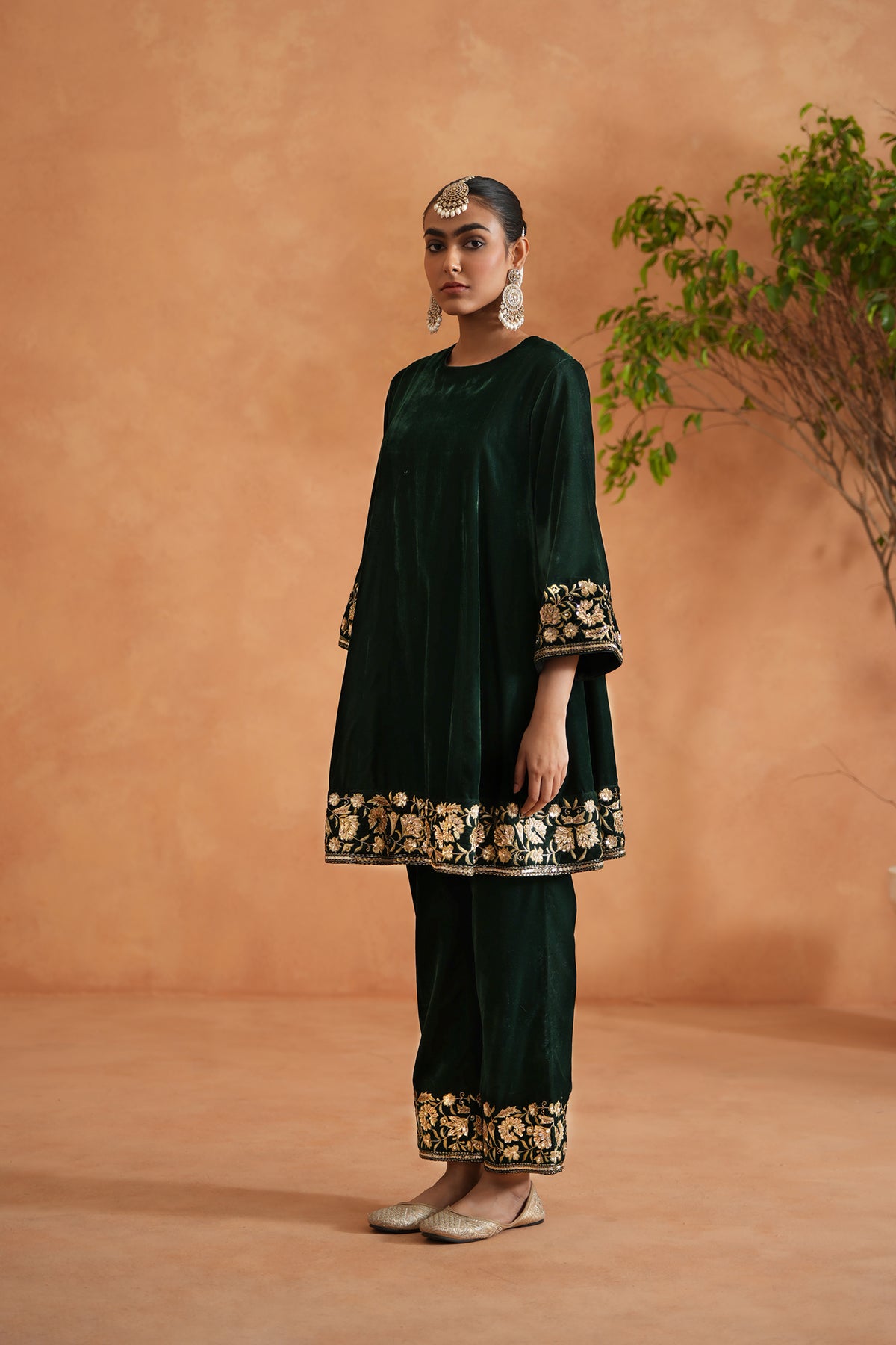 Emerald Green Velvet Embroidered Tunic And Pants