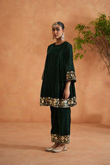 Emerald Green Velvet Embroidered Tunic And Pants