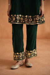 Emerald Green Velvet Embroidered Tunic And Pants