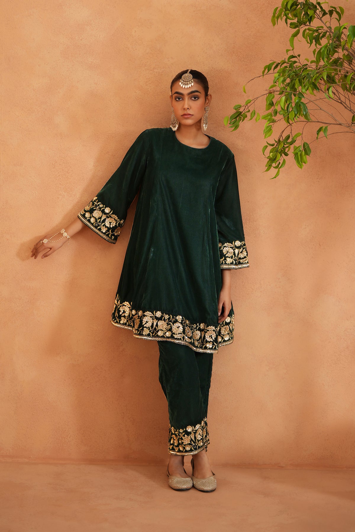 Emerald Green Velvet Embroidered Tunic And Pants
