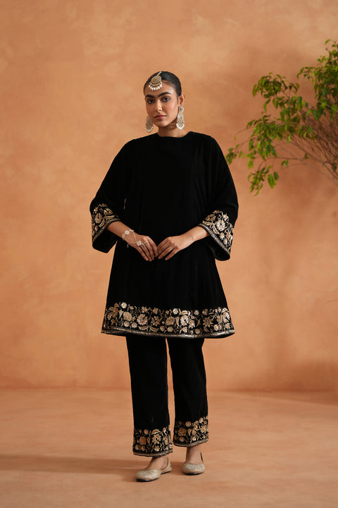 Black Velvet Embroidered Tunic And Pants