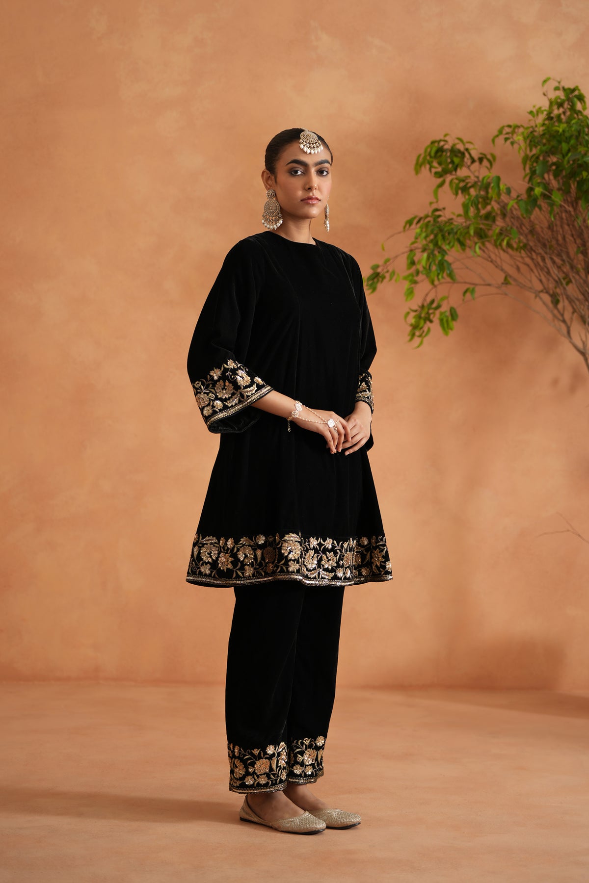 Black Velvet Embroidered Tunic And Pants