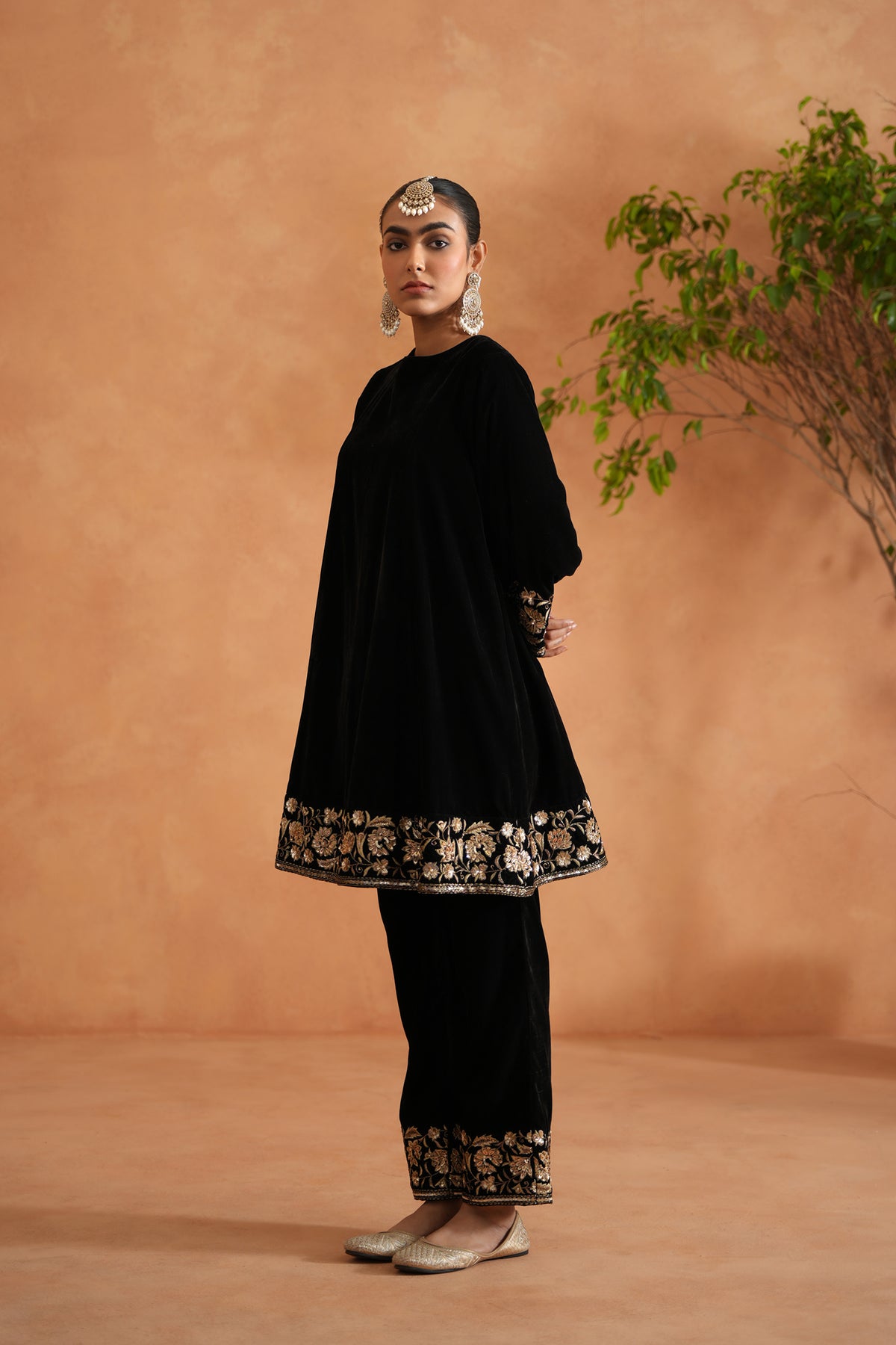 Black Velvet Embroidered Tunic And Pants