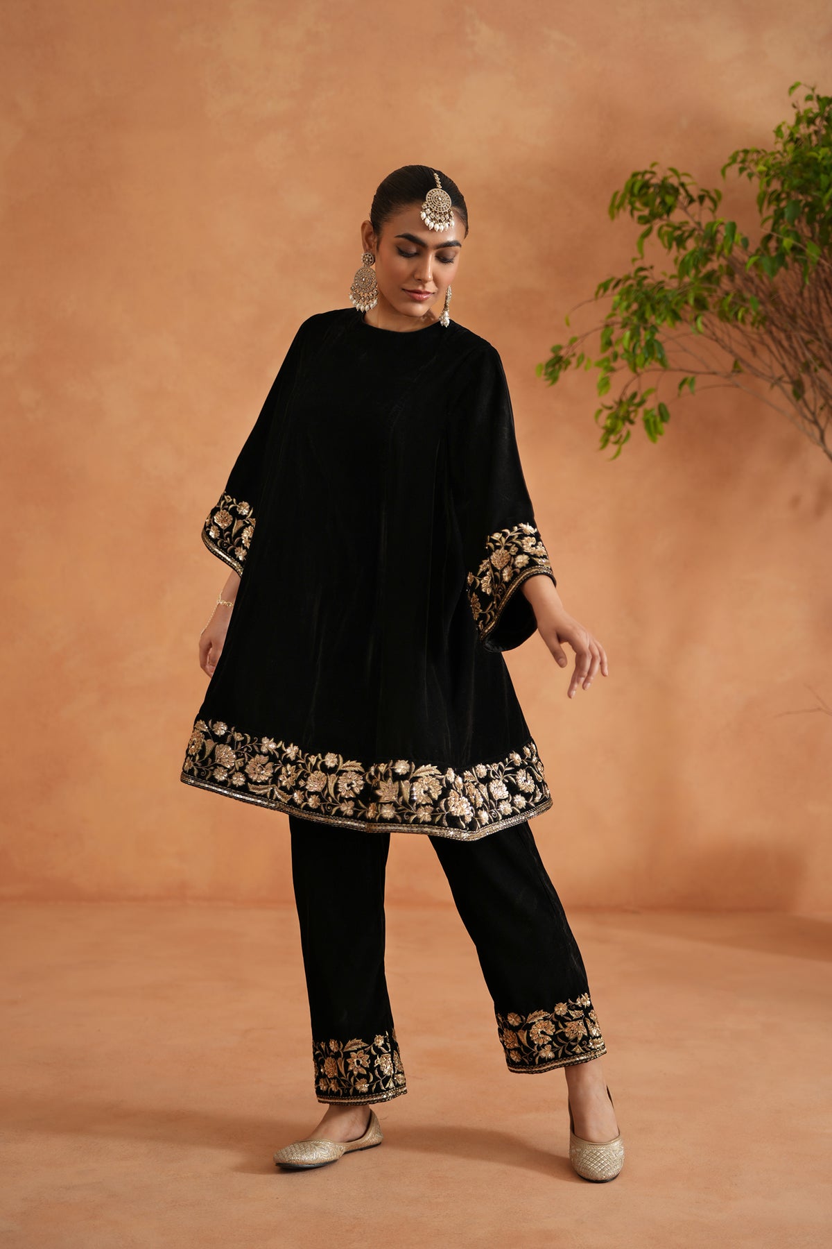 Black Velvet Embroidered Tunic And Pants