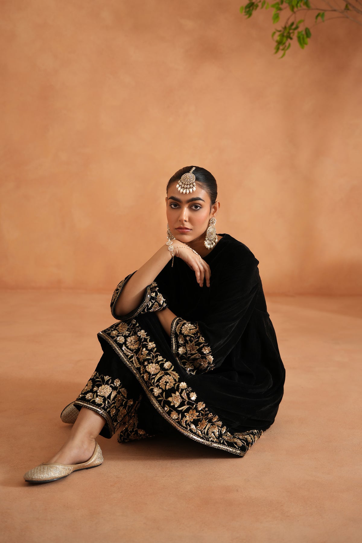 Black Velvet Embroidered Tunic And Pants