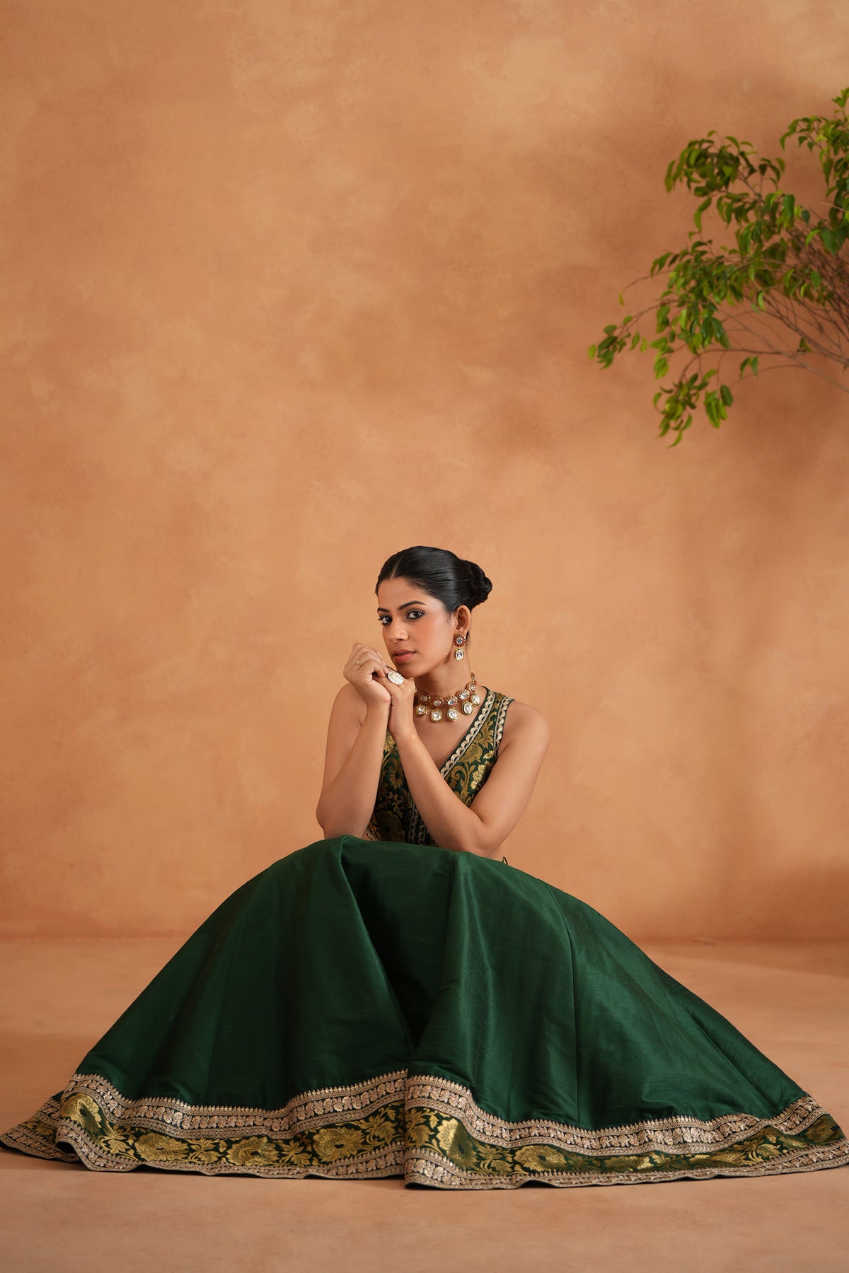 Bottle Green Brocade Blouse, Lehenga And Dupatta
