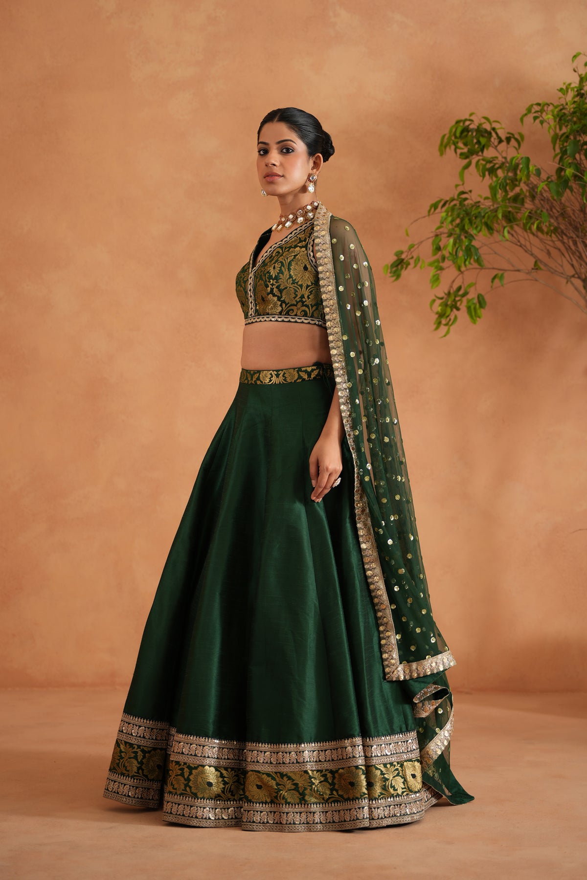 Bottle Green Brocade Blouse, Lehenga And Dupatta