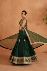 Bottle Green Brocade Blouse, Lehenga And Dupatta
