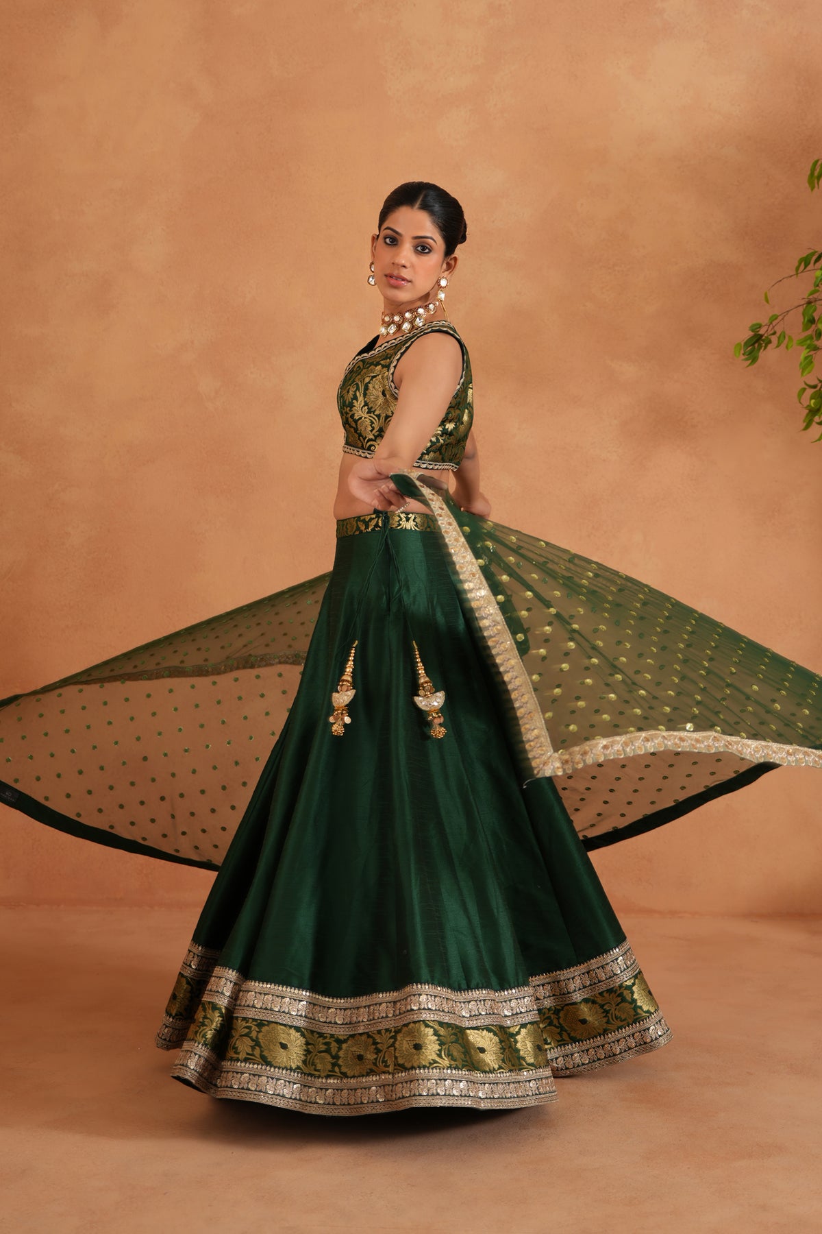 Bottle Green Brocade Blouse, Lehenga And Dupatta