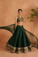 Bottle Green Brocade Blouse, Lehenga And Dupatta