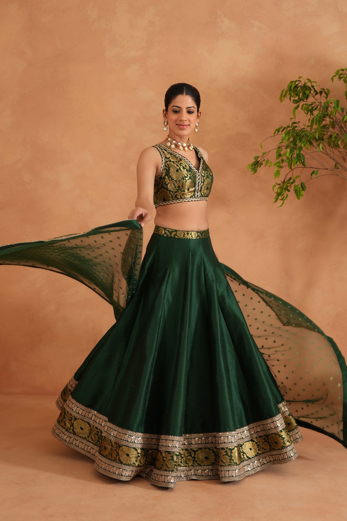 Bottle Green Brocade Blouse, Lehenga And Dupatta