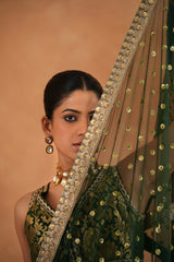 Bottle Green Brocade Blouse, Lehenga And Dupatta