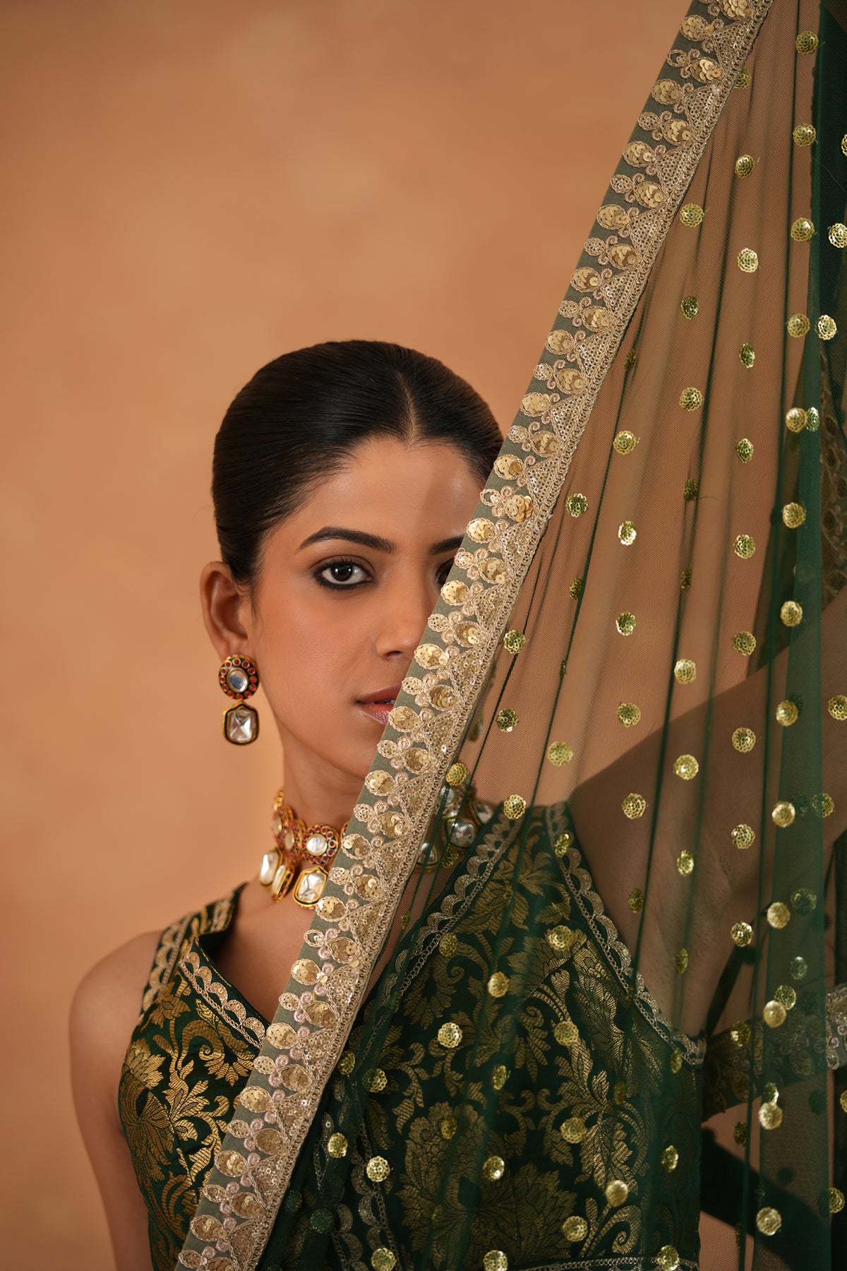 Bottle Green Brocade Blouse, Lehenga And Dupatta