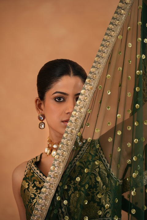 Bottle Green Brocade Blouse, Lehenga And Dupatta