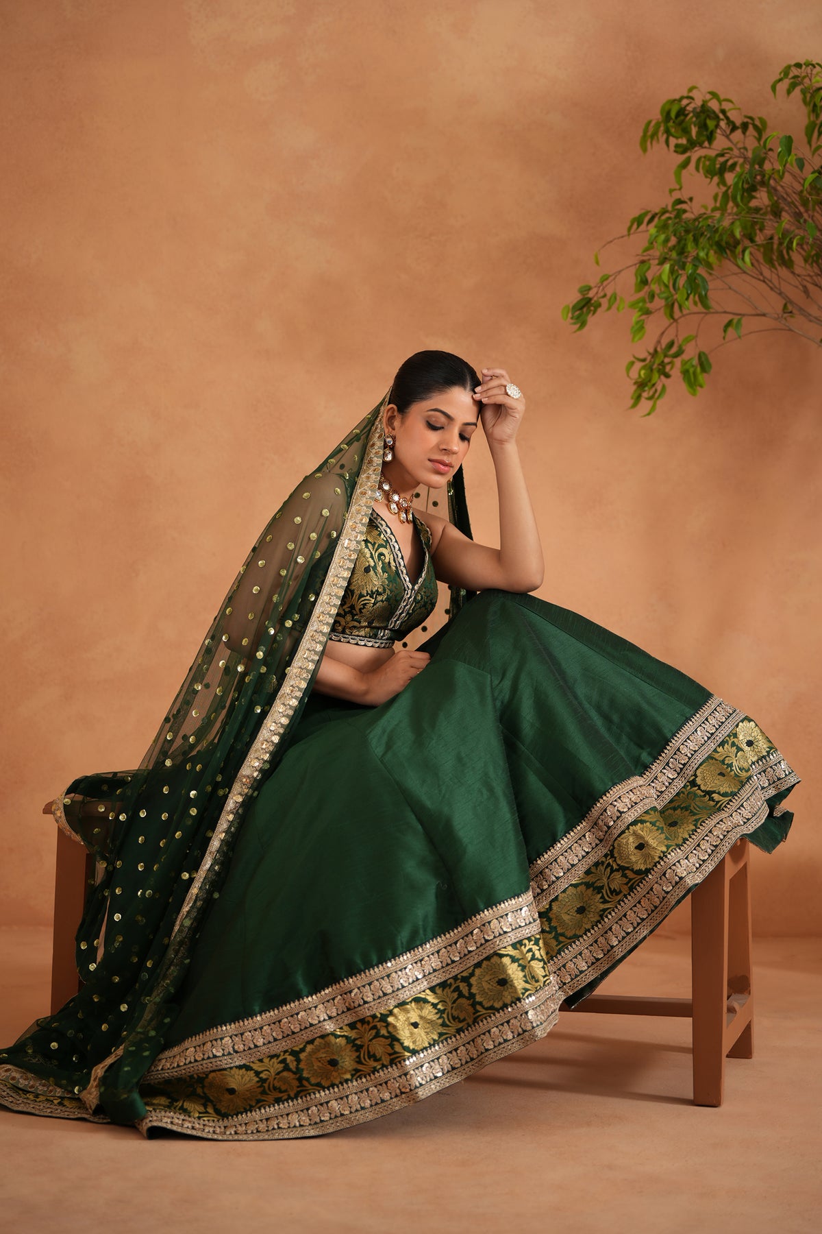 Bottle Green Brocade Blouse, Lehenga And Dupatta